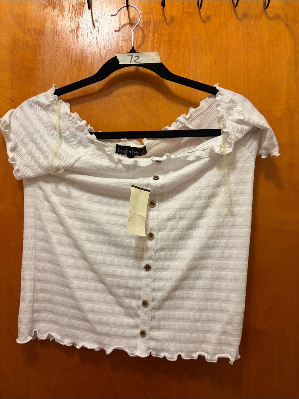 Derek Heart White Ribbed Off-Shoulder Button Front Crop Top